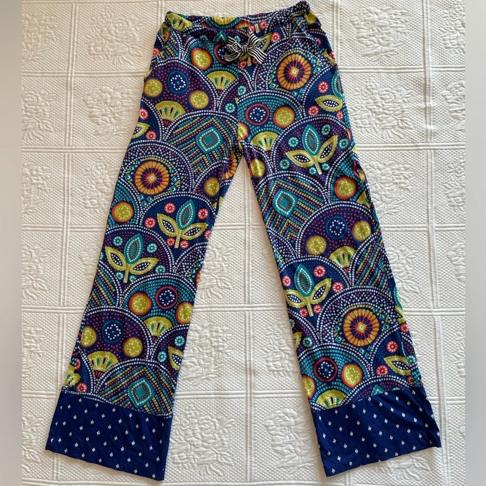 Anthropologie Eloise Boho Print PJ/Lounge Pants Drawstring Pockets Wide Leg Blue - Picture 1 of 13
